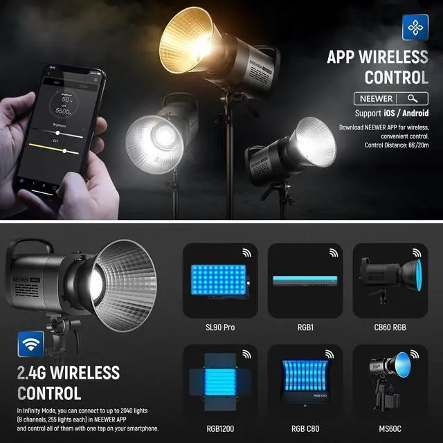 Alt view image 4 of 7 - NEEWER CB60B 70W LED Video Light with 2.4G&APP Control, COB Bi Color 2700K-6500K 34000Lux at 1m/CCT CRI97+/12 Scenes/Bowens Mount, Bluetooth, with Reflector, Power Cord, Manual, Studio/Video Recording