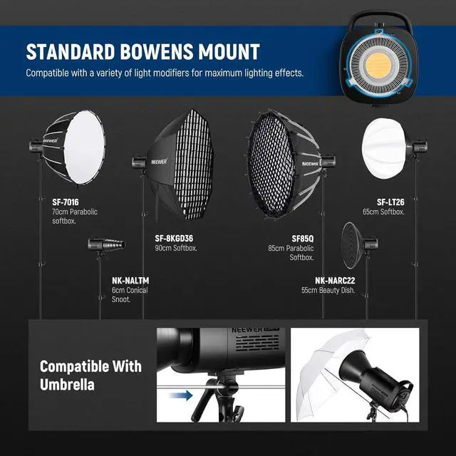 Alt view image 7 of 7 - NEEWER CB60B 70W LED Video Light with 2.4G&APP Control, COB Bi Color 2700K-6500K 34000Lux at 1m/CCT CRI97+/12 Scenes/Bowens Mount, Bluetooth, with Reflector, Power Cord, Manual, Studio/Video Recording