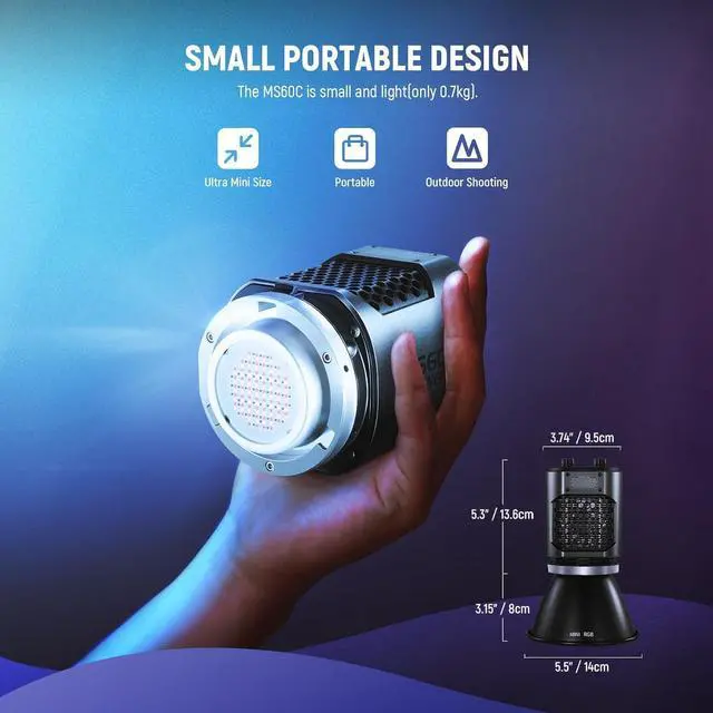 Alt view image 3 of 7 - MS60C RGBWW LED Video Light with 2.4G/APP Control, 65W Metal Mini RGB COB Continuous Output Lighting Bowens Mount Handheld Spotlight 2700K-6500K,8300lux/1m, CRI 97+/TLCI 98+,17 Effects + RGBCW