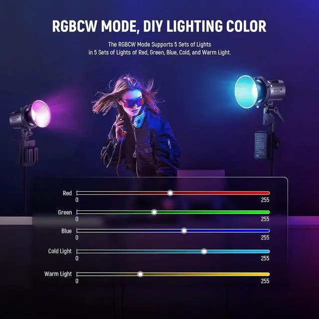 Alt view image 5 of 7 - MS60C RGBWW LED Video Light with 2.4G/APP Control, 65W Metal Mini RGB COB Continuous Output Lighting Bowens Mount Handheld Spotlight 2700K-6500K,8300lux/1m, CRI 97+/TLCI 98+,17 Effects + RGBCW