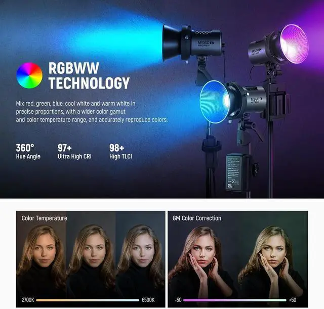 Alt view image 4 of 7 - MS60C RGBWW LED Video Light with 2.4G/APP Control, 65W Metal Mini RGB COB Continuous Output Lighting Bowens Mount Handheld Spotlight 2700K-6500K,8300lux/1m, CRI 97+/TLCI 98+,17 Effects + RGBCW