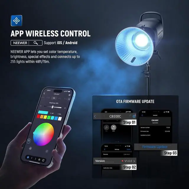 Alt view image 5 of 7 - CB100C 130w RGB LED Video Light, APP/2.4G Control 360° Full Color 2700K-6500K 27000lux/m COB Bowens Mount Silent Continuous Output Lighting TLCI/CRI97+ 17 Scenes for Video Recording Photography