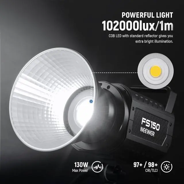 Alt view image 2 of 7 - NEEWER FS150 LED Video Light 2.4G/APP Control, 130W 5600K COB Daylight Silent Photography Continuous Output Lighting 4 Precise Dimming Types 102000lux/1m CRI97+ 9 Effects Bowens Mount, US Plug