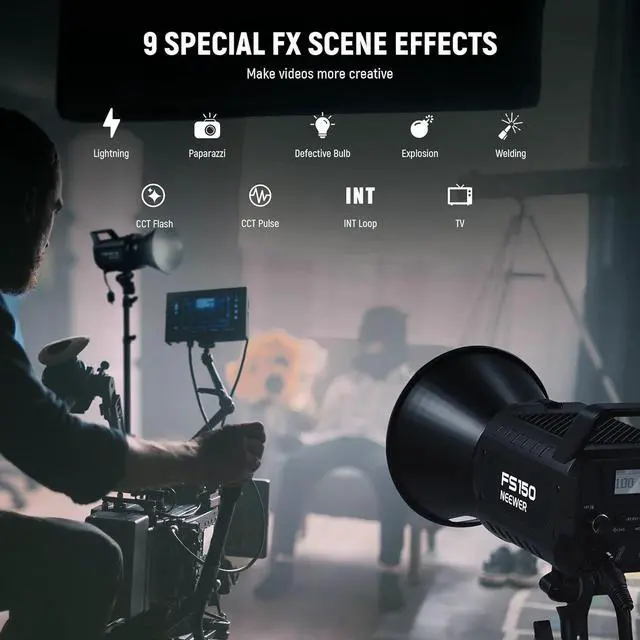 Alt view image 6 of 7 - NEEWER FS150 LED Video Light 2.4G/APP Control, 130W 5600K COB Daylight Silent Photography Continuous Output Lighting 4 Precise Dimming Types 102000lux/1m CRI97+ 9 Effects Bowens Mount, US Plug