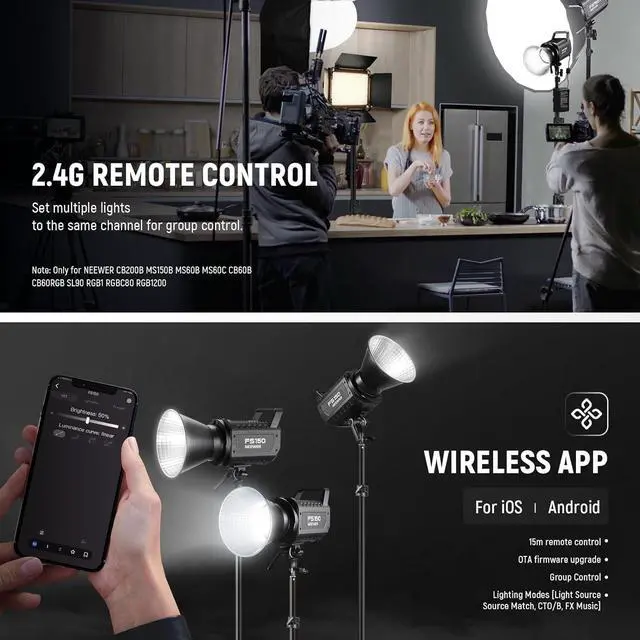 Alt view image 7 of 7 - NEEWER FS150 LED Video Light 2.4G/APP Control, 130W 5600K COB Daylight Silent Photography Continuous Output Lighting 4 Precise Dimming Types 102000lux/1m CRI97+ 9 Effects Bowens Mount, US Plug