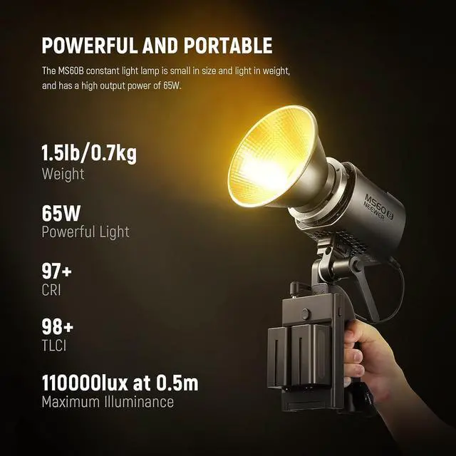 Alt view image 2 of 7 - MS60B LED Video Light 2.4G/APP Control, 65W Metal Mini Compact COB Continuous Output Lighting Spotlight 2700K-6500K, 40000lux@1m, CRI 97+/TLCI 98+, 12 Effects, PWM Dimming, Bowens Mount, Silver