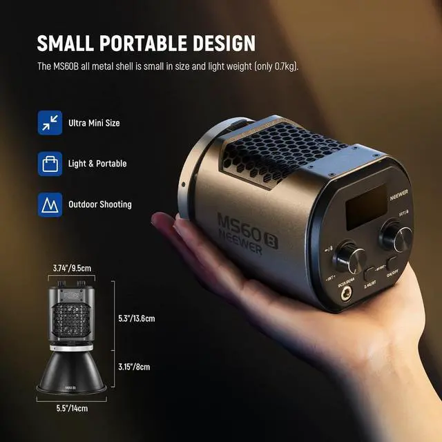 Alt view image 3 of 7 - MS60B LED Video Light 2.4G/APP Control, 65W Metal Mini Compact COB Continuous Output Lighting Spotlight 2700K-6500K, 40000lux@1m, CRI 97+/TLCI 98+, 12 Effects, PWM Dimming, Bowens Mount, Silver