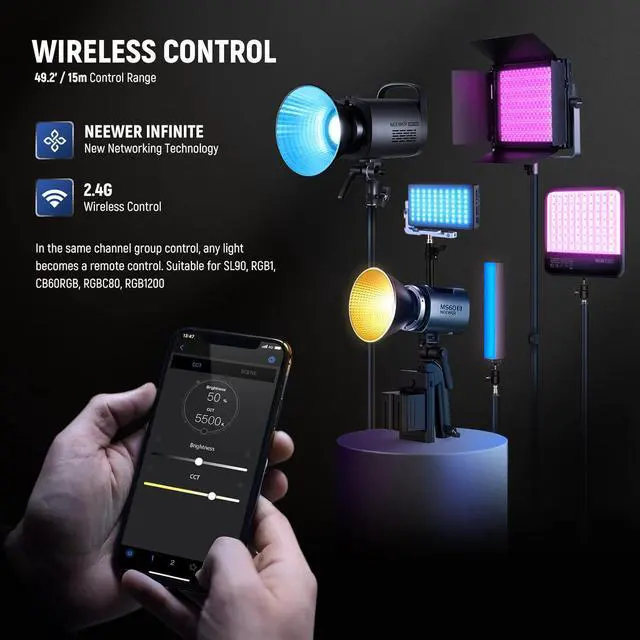 Alt view image 5 of 7 - MS60B LED Video Light 2.4G/APP Control, 65W Metal Mini Compact COB Continuous Output Lighting Spotlight 2700K-6500K, 40000lux@1m, CRI 97+/TLCI 98+, 12 Effects, PWM Dimming, Bowens Mount, Silver