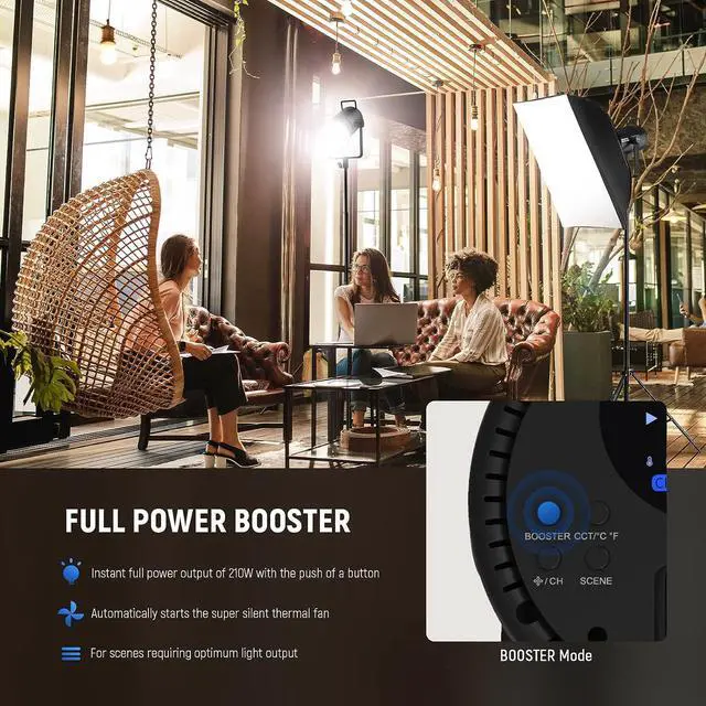 Alt view image 6 of 7 - NEEWER CB200B 210W LED Video Light with 2.4G/APP Remote Control, All Metal Bi Color COB Continuous Output Lighting with Bowens Mount 90000Lux/1m 2700K-6500K CRI/TLCI97+ 12 Effects for Video Recording
