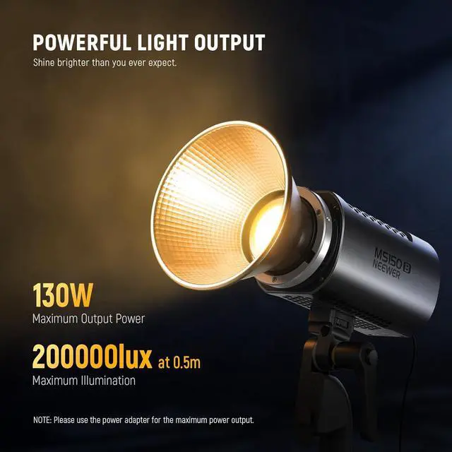 Alt view image 2 of 7 - MS150B 130W Bi Color LED Video Light, Mini COB Portable Photography Lighting with App Control,2.4G Mode, Bowens Mount Continuous Output Lighting, 200000 lux/0.5m, 2700K-6500K, CRI97+, 12 Scenes