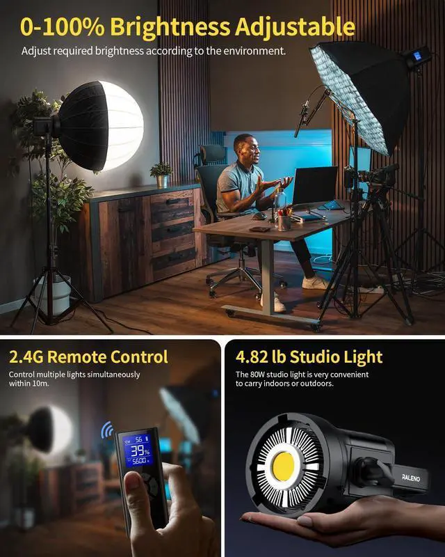 Alt view image 2 of 7 - RALENO 80W LED Video Light with 2.4G Remote Control, 7200Lux CRI95+ Studio Lights with Cooling Fan and Bowens Mount, Photography Light on Continuous Output Lighting for YouTube TikTok Video Recording