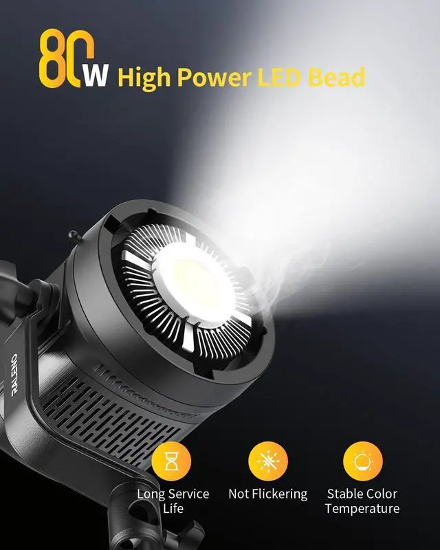 Alt view image 3 of 7 - RALENO 80W LED Video Light with 2.4G Remote Control, 7200Lux CRI95+ Studio Lights with Cooling Fan and Bowens Mount, Photography Light on Continuous Output Lighting for YouTube TikTok Video Recording