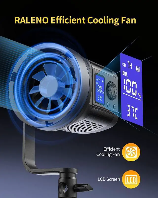 Alt view image 4 of 7 - RALENO 80W LED Video Light with 2.4G Remote Control, 7200Lux CRI95+ Studio Lights with Cooling Fan and Bowens Mount, Photography Light on Continuous Output Lighting for YouTube TikTok Video Recording