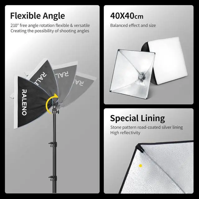 Alt view image 3 of 7 - RALENO Softbox Lighting Kit, 16'' x 16'' Photography Studio Equipment with 50W / 5500K / 90 CRI LED Bulb, Continuous Lighting System for Video Recording and Photography Shooting