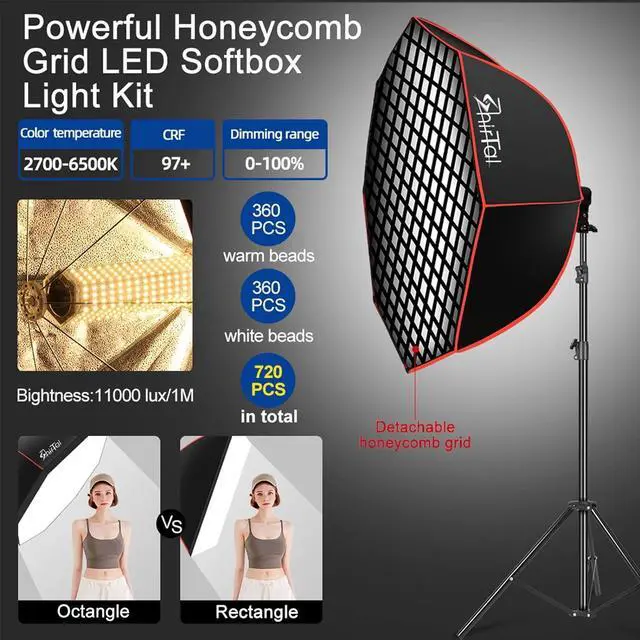 Alt view image 2 of 6 - Softbox Photography Lighting Kit,37" Octange Softbox Lighting Kit with Honeycomb Grid 110W 2700K-6500K 11000Lux Dimmable LED Prismatic Lamp and Remote Control, Lighting for Video Recording