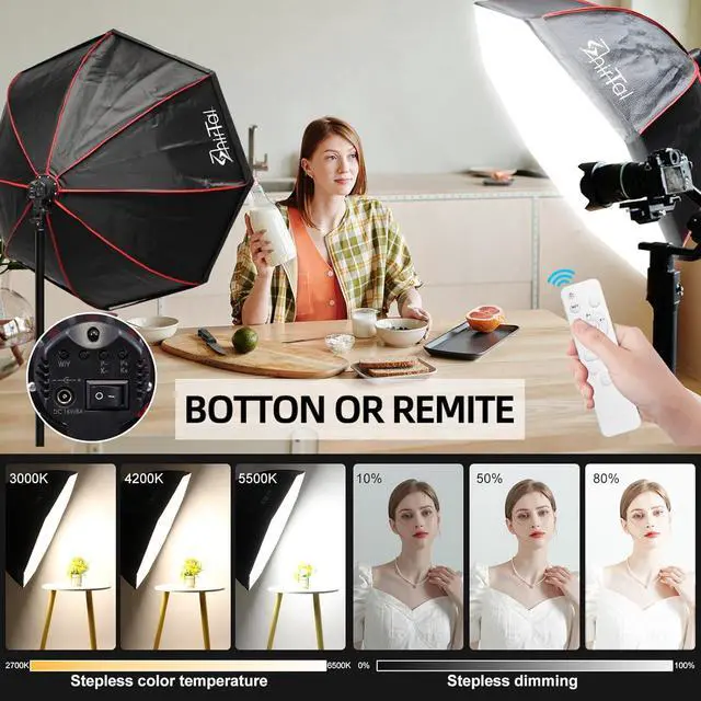Alt view image 3 of 6 - Softbox Photography Lighting Kit,37" Octange Softbox Lighting Kit with Honeycomb Grid 110W 2700K-6500K 11000Lux Dimmable LED Prismatic Lamp and Remote Control, Lighting for Video Recording