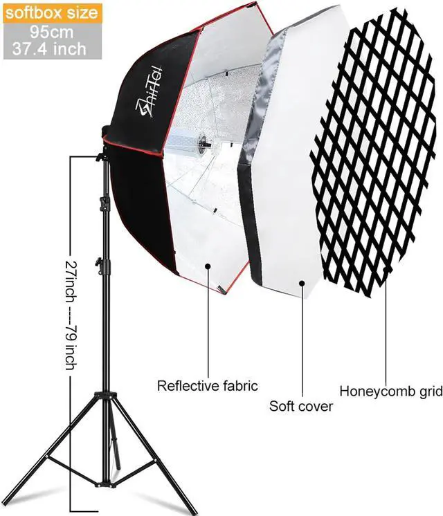 Alt view image 4 of 6 - Softbox Photography Lighting Kit,37" Octange Softbox Lighting Kit with Honeycomb Grid 110W 2700K-6500K 11000Lux Dimmable LED Prismatic Lamp and Remote Control, Lighting for Video Recording