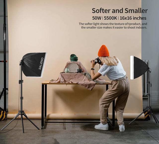 Alt view image 2 of 7 - RALENO® Softbox Lighting Kit, 2 x 16'' x 16'' Photography Studio Equipments with 50W / 5500K / 90 CRI LED Bulbs, Continuous Lighting System for Video Recording and Photography Shooting