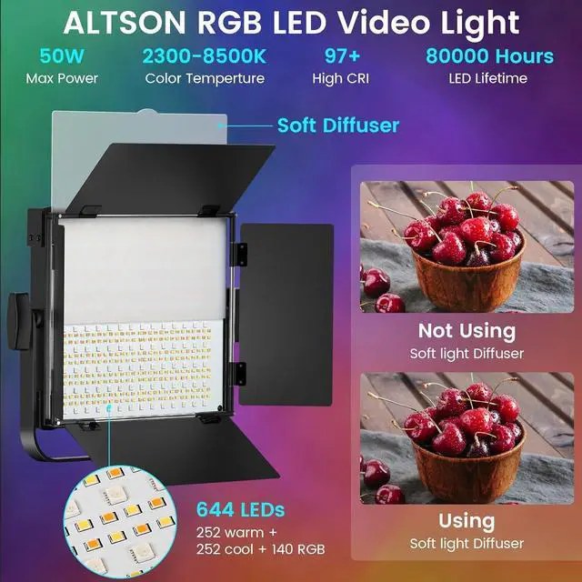 Alt view image 2 of 7 - RGB Photography Video Lighting Kit, 2 Pack 50W Bi-Color Energy-Saving LED Video Studio Lights with 2300k~8500k Dimmable CRI 97+ for Filming Camera Photo Recording Stage Shooting Streaming YouTube TikT