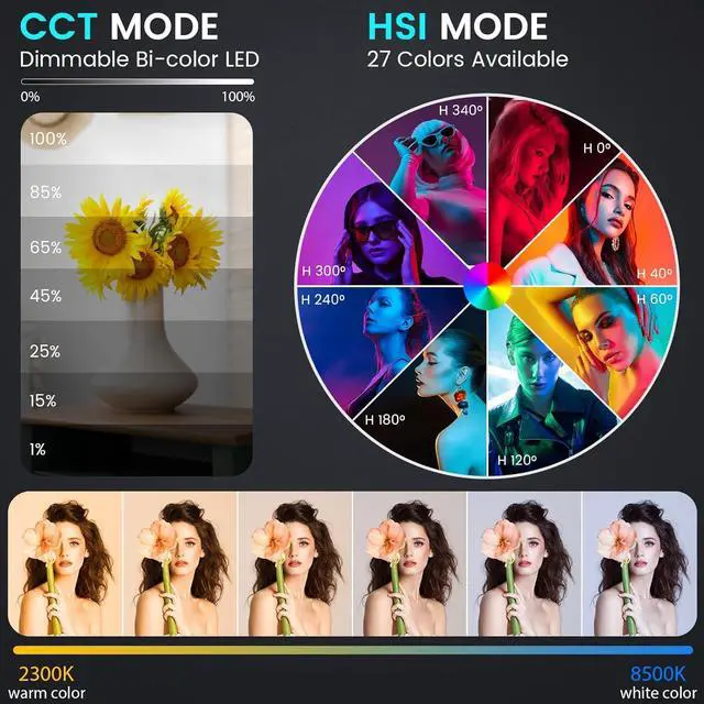 Alt view image 3 of 7 - RGB Photography Video Lighting Kit, 2 Pack 50W Bi-Color Energy-Saving LED Video Studio Lights with 2300k~8500k Dimmable CRI 97+ for Filming Camera Photo Recording Stage Shooting Streaming YouTube TikT