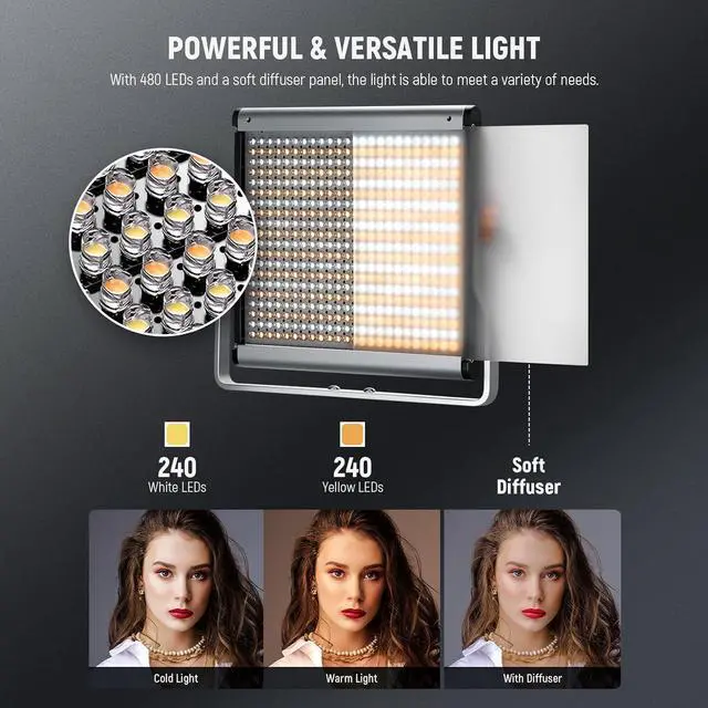 Alt view image 3 of 7 - Neewer 2 Packs Dimmable Bi Color 480 LED Video Light Kit, 3200~5600K CRI 96+ LED Panel with U Bracket, 75 inches Tripod Light Stand for YouTube Recording Studio Photography Streaming Key Lighting