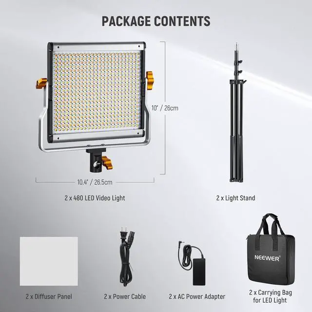 Alt view image 7 of 7 - Neewer 2 Packs Dimmable Bi Color 480 LED Video Light Kit, 3200~5600K CRI 96+ LED Panel with U Bracket, 75 inches Tripod Light Stand for YouTube Recording Studio Photography Streaming Key Lighting