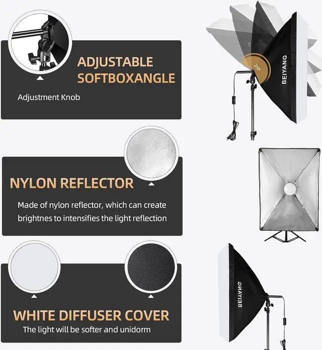 Alt view image 6 of 7 - Softbox Lighting Kit Photography Soft Box 20'' X 28'', 85W Studio 6000k Bulb LED Light, 6.7'Light Stand, Remote Set, BEIYANG