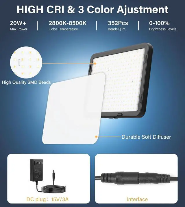 Alt view image 2 of 7 - 2 Pack LED Video Light, Photography Lighting Kit with 62.99'' Tripod Stand, Dimmable 2500-8500K 22W Studio Lights for Video Recording Game Live Streaming YouTube Podcast Photo