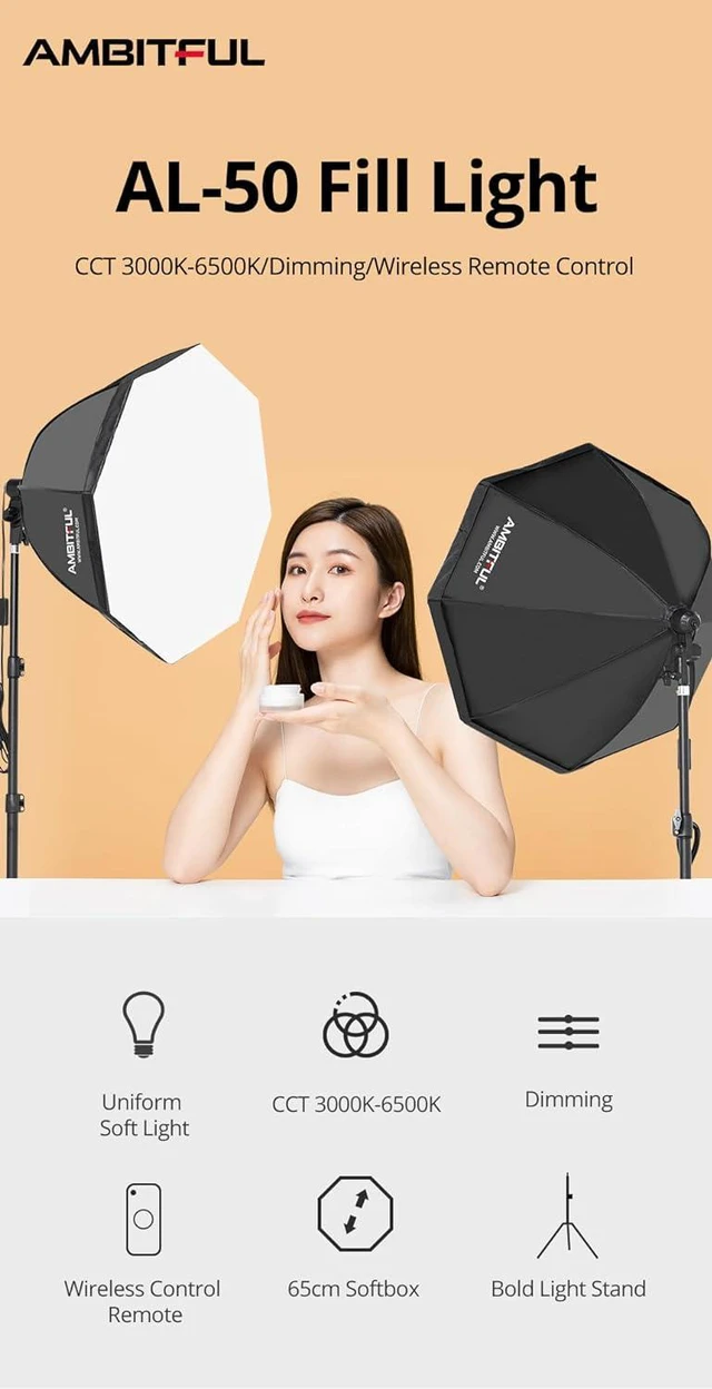 Kit Éclairage Softbox AMBITFUL 65cm - 2 LED 50W 3000-6500K Avec Trépied Et Télécommande