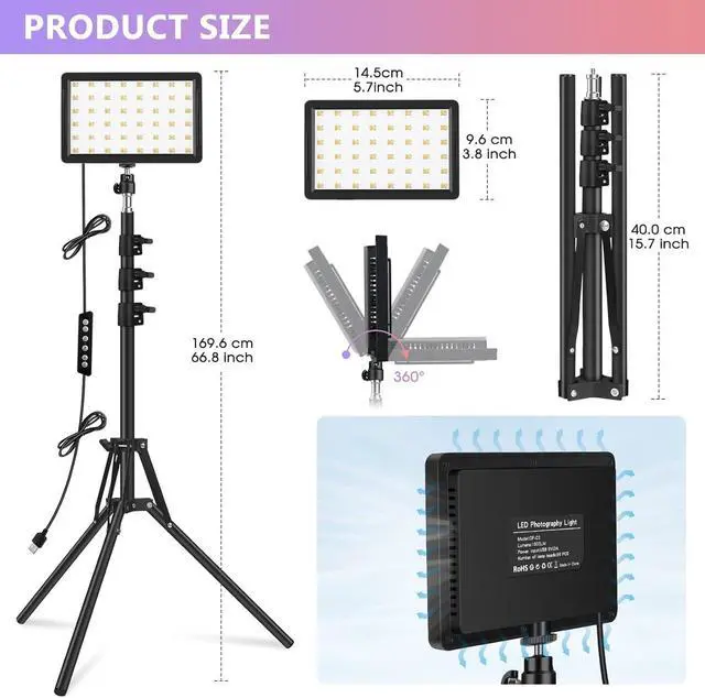 Alt view image 2 of 6 - 2 Packs LED Video Light Kit with 61.99" Tripod Stand, Dimmable 2400-6800K Photography Lighting for Studio Portraits/YouTube/Zoom Meeting/Live Stream/Makeup, 9 Color Filters/USB Wall Charger