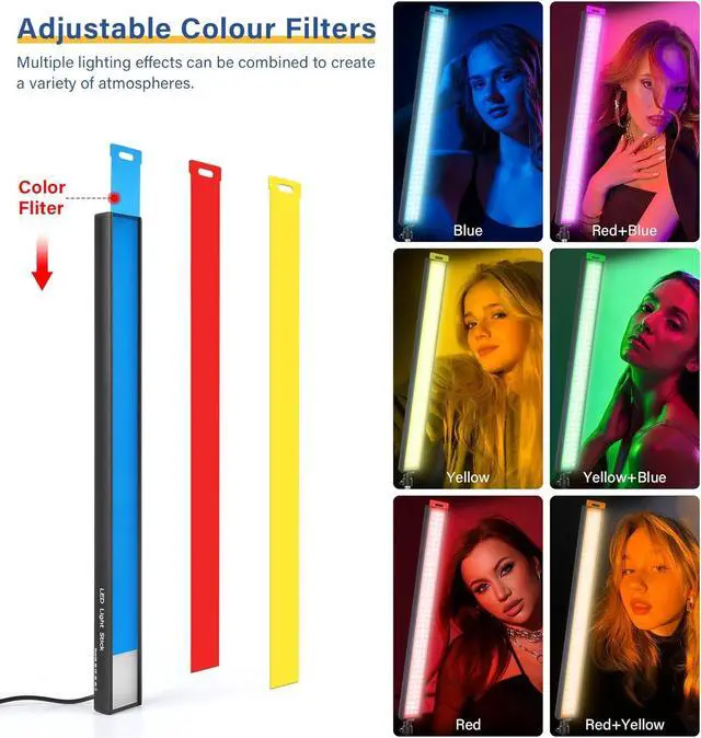 Alt view image 2 of 7 - 2-Pack LED Video Light Stick with 62.99'' Tripod Stand/Color Filter, 5600K Studio Light Photography Wand Lighting Kit for Game Streaming/Video Recording/Content Creation/Portrait, USB Charger