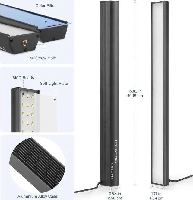 Alt view image 5 of 7 - 2-Pack LED Video Light Stick with 62.99'' Tripod Stand/Color Filter, 5600K Studio Light Photography Wand Lighting Kit for Game Streaming/Video Recording/Content Creation/Portrait, USB Charger