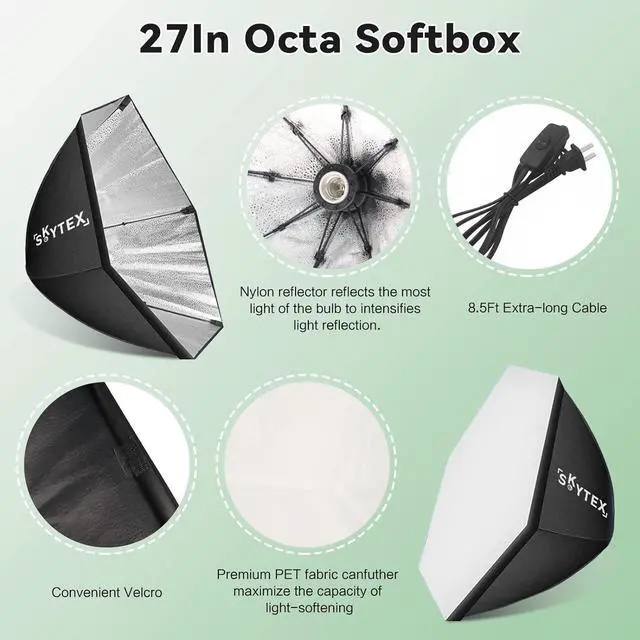 Alt view image 3 of 7 - Skytex Softbox Lighting Kit 2pack 20x28in Octa Soft Box|135W 2700-6400K E27 LED Bulb Continuous Photography Lighting, Photo Studio Lights Equipment for Camera Shooting, Video Recording