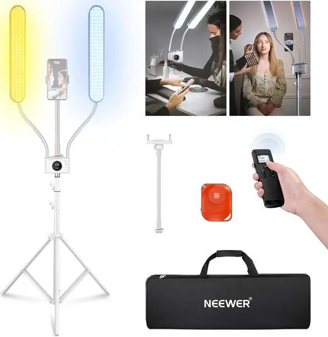 Main image of NEEWER Esthetician Light with Phone Holder & Travel Bag Kit, Support 2.4G/PC/MAC Control & Separate Control of 2 LED Light Heads, CRI98+ Bi Color Stepless Dimmable Tattoo Lighting Lash Lamp, BH40B