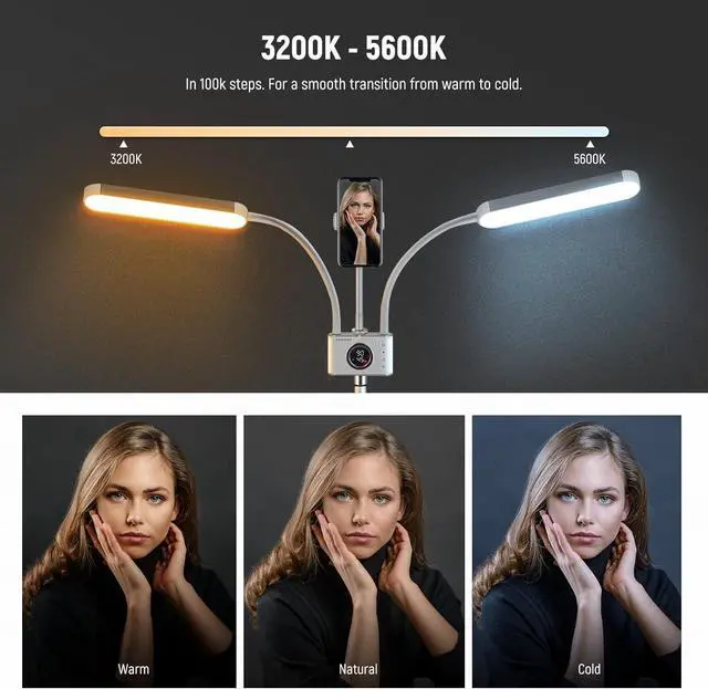 Alt view image 2 of 7 - NEEWER Esthetician Light with Phone Holder & Travel Bag Kit, Support 2.4G/PC/MAC Control & Separate Control of 2 LED Light Heads, CRI98+ Bi Color Stepless Dimmable Tattoo Lighting Lash Lamp, BH40B