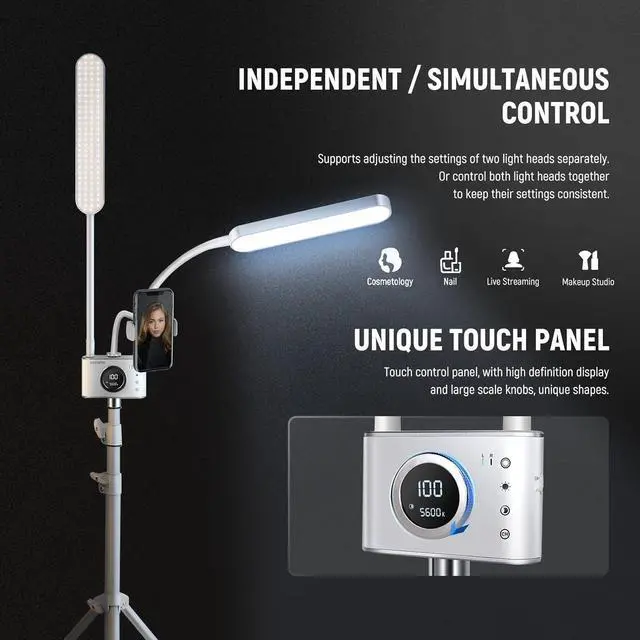 Alt view image 4 of 7 - NEEWER Esthetician Light with Phone Holder & Travel Bag Kit, Support 2.4G/PC/MAC Control & Separate Control of 2 LED Light Heads, CRI98+ Bi Color Stepless Dimmable Tattoo Lighting Lash Lamp, BH40B