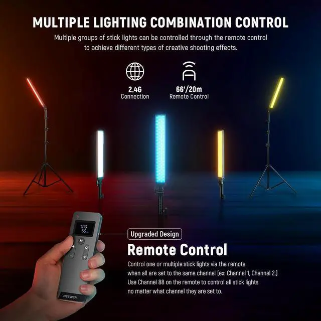 Alt view image 4 of 7 - NEEWER Upgraded LED Video Light Stick & 2.4G Remote Kit, 2 Pack Handheld Dimmable 3200K~5600K CRI97+ Video Lighting with Stands/Filters/Bag for YouTube Video Recording Photography Gaming, BH20B Black