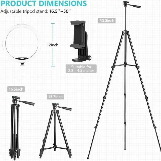 Alt view image 5 of 5 - Sensyne 12'' Ring Light with 50'' Extendable Tripod Stand, LED Circle Lights with Phone Holder for Live Stream/Makeup/YouTube Video/TikTok, Compatible with All Phones