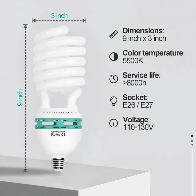 Alt view image 2 of 7 - EMART Full Spectrum Light Bulb, 105W Spiral CFL 5500k Daylight for Softbox Lighting Kit, Replacement Lamp for Photography Photo Video Studio, Household Use, Portrait Shooting -2PACK