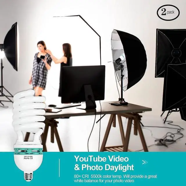 Alt view image 4 of 7 - EMART Full Spectrum Light Bulb, 105W Spiral CFL 5500k Daylight for Softbox Lighting Kit, Replacement Lamp for Photography Photo Video Studio, Household Use, Portrait Shooting -2PACK