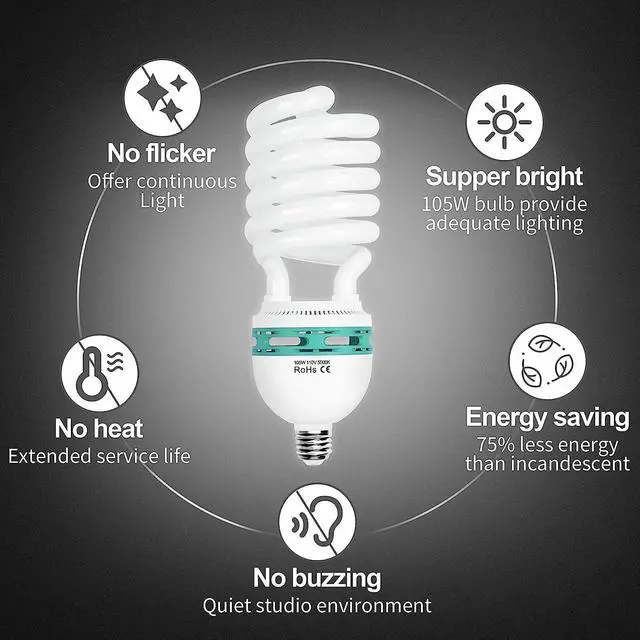 Alt view image 6 of 7 - EMART Full Spectrum Light Bulb, 105W Spiral CFL 5500k Daylight for Softbox Lighting Kit, Replacement Lamp for Photography Photo Video Studio, Household Use, Portrait Shooting -2PACK