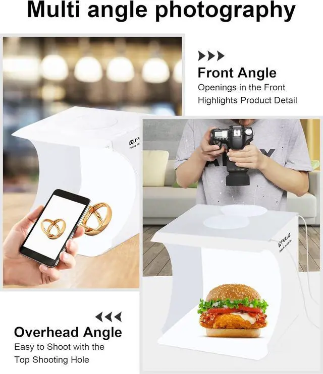 Alt view image 2 of 7 - Photo Studio Box with LED Light, PULUZ 20cm Mini Portable Photography Lighting Tent Kit, White Foldable Shooting Softbox with 2x20 Lights + 6 Backdrops for Product Display