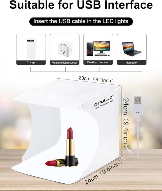 Alt view image 4 of 7 - Photo Studio Box with LED Light, PULUZ 20cm Mini Portable Photography Lighting Tent Kit, White Foldable Shooting Softbox with 2x20 Lights + 6 Backdrops for Product Display