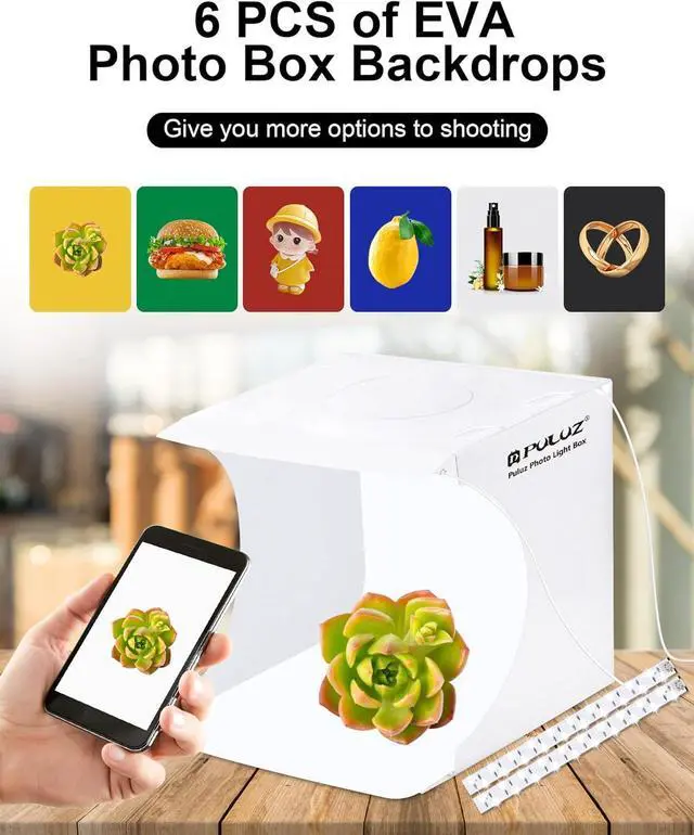 Alt view image 3 of 7 - Photo Studio Box with LED Light, PULUZ 20cm Mini Portable Photography Lighting Tent Kit, White Foldable Shooting Softbox with 2x20 Lights + 6 Backdrops for Product Display