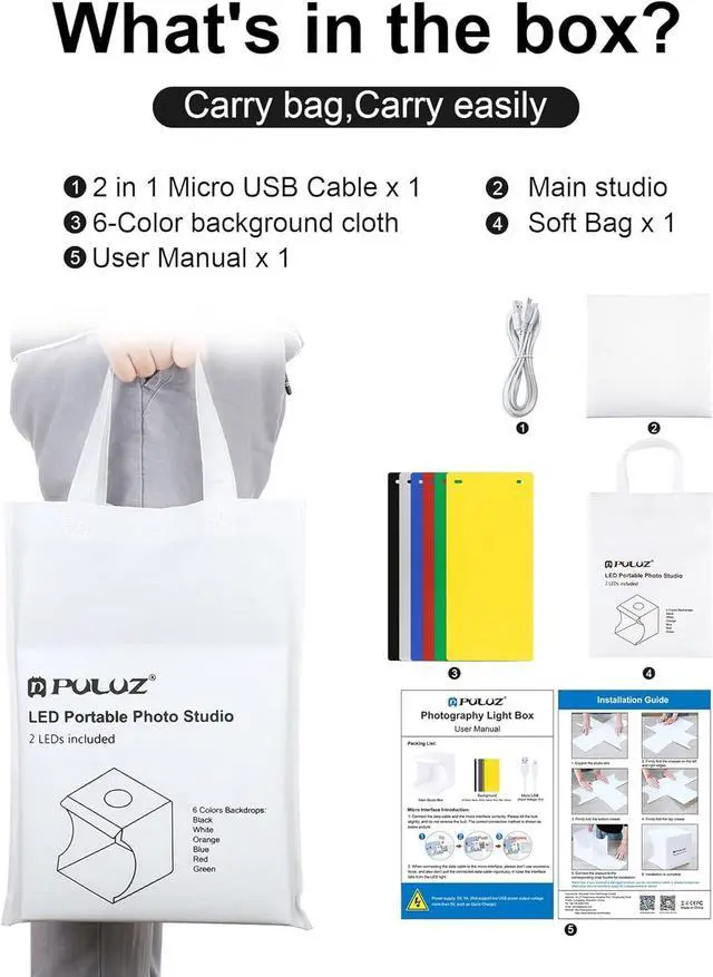 Alt view image 6 of 7 - Photo Studio Box with LED Light, PULUZ 20cm Mini Portable Photography Lighting Tent Kit, White Foldable Shooting Softbox with 2x20 Lights + 6 Backdrops for Product Display