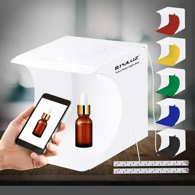 Alt view image 7 of 7 - Photo Studio Box with LED Light, PULUZ 20cm Mini Portable Photography Lighting Tent Kit, White Foldable Shooting Softbox with 2x20 Lights + 6 Backdrops for Product Display