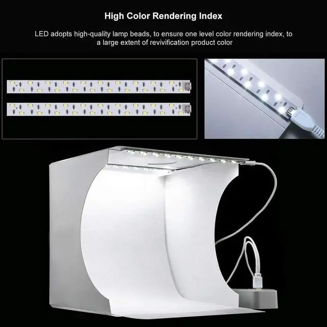 Alt view image 2 of 7 - Photo Light Box 10" Portable Folding Photography Light Tent kit with 2 Light Bar -40pcs LED Light and 6 Kinds Color Backgrounds for Small Size Items (10 inch - White)