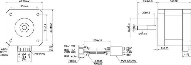 Alt view image 5 of 6 - STEPPERONLINE Nema 17 Stepper Motor Bipolar 1.5A 42Ncm 42x42x38mm 1.8deg 4 Wires with 1m Cable and Connector (3 Pack)