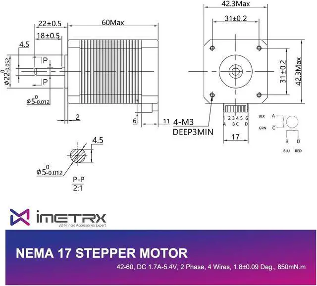Alt view image 2 of 5 - Nema 17 Stepper Motor 42x60mm 2.1A 2 Phase 4 Wires 1.8 Degrees with 1Meter Cable for 3D Printer Motors