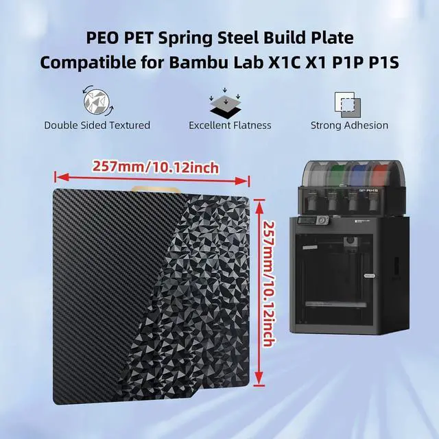 Alt view image 7 of 7 - Double Sided Textured PEO PET Build Plate for Bambu Lab X1C/X1/X1E/P1P/P1S/A1, Diamond PEO+Carbon Fiber PET Spring Steel Sheet Plate 257x257mm for Bambu Labs